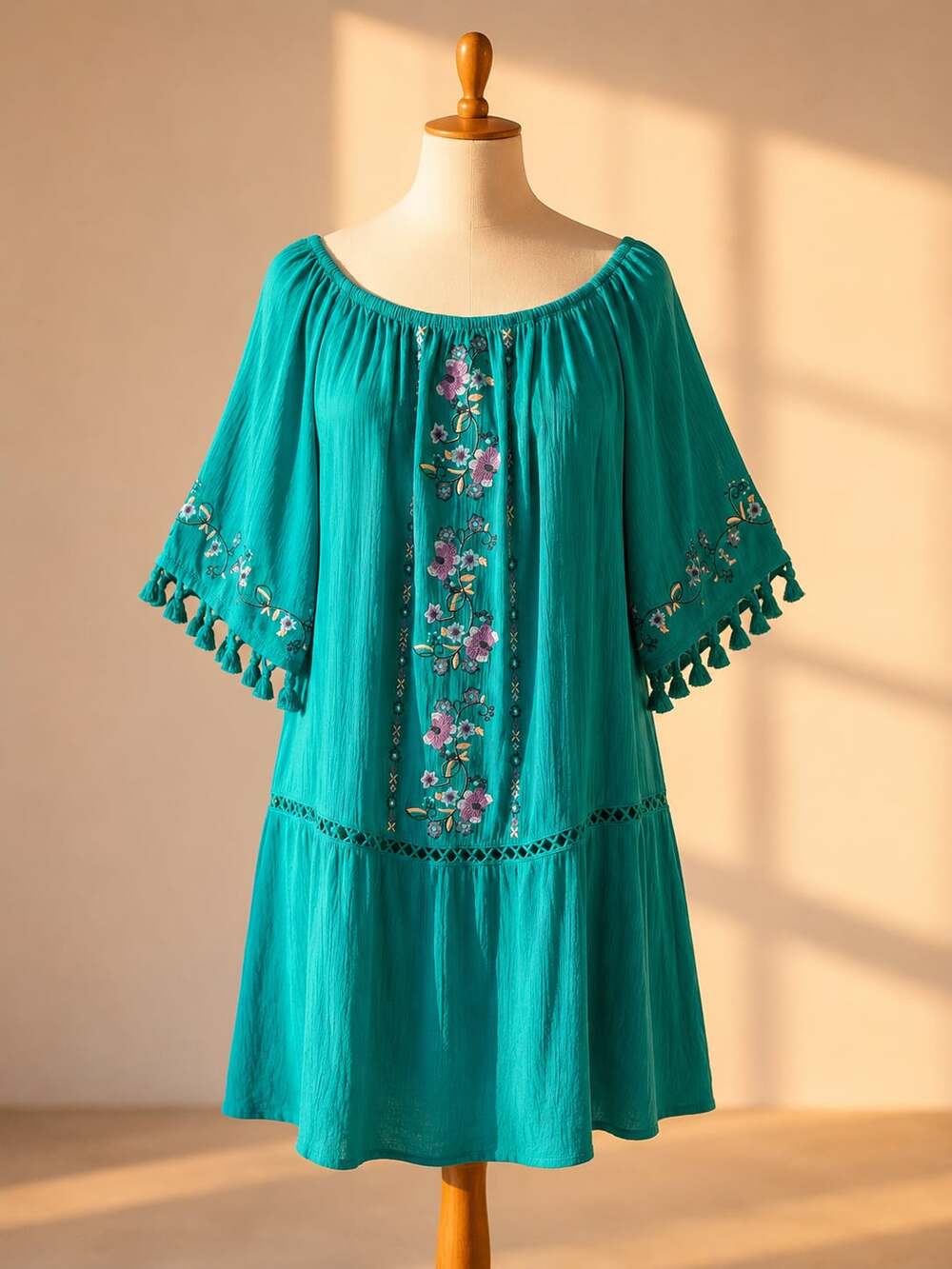 Boho Mexican Embroidered Floral Dress Teal Tassel Sleeve Medium